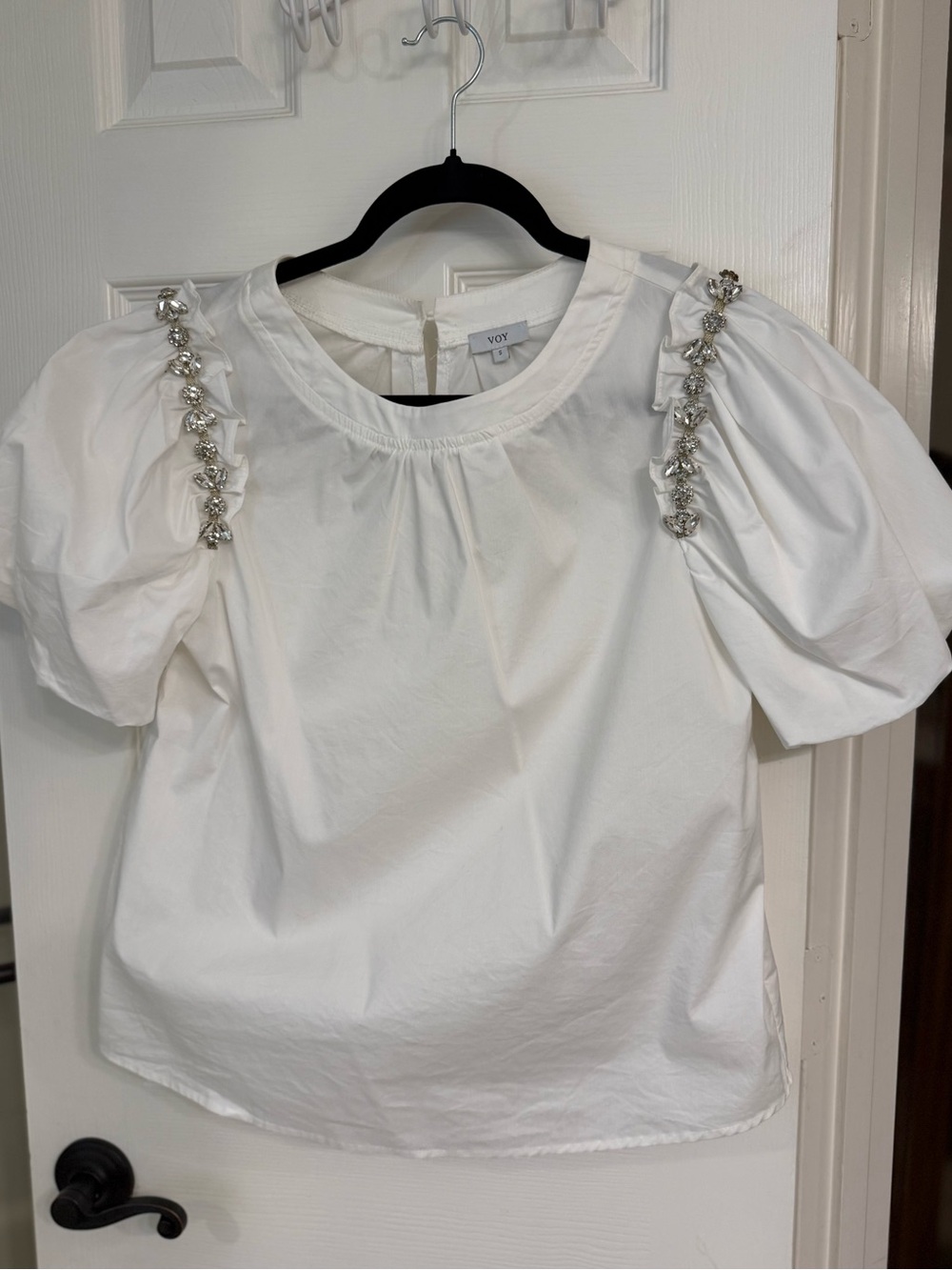 VOY White Puff Sleeve Top with Crystal-Trim Shoulders